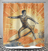 Surfing 1 08 Shower Curtain enhancing a bathroom with its dynamic surf imagery, creating a vibrant backdrop for shower time.